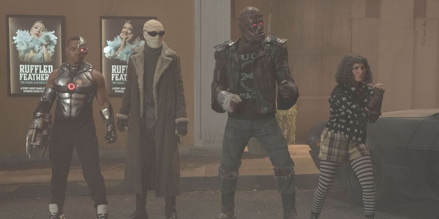 The cast of Doom Patrol stands ready to fight in a movie theatre