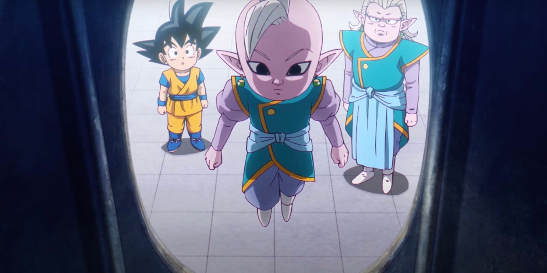 Kid Supreme Kai, with Goku and Kibito, investigates a spaceship in Dragon Ball Daima