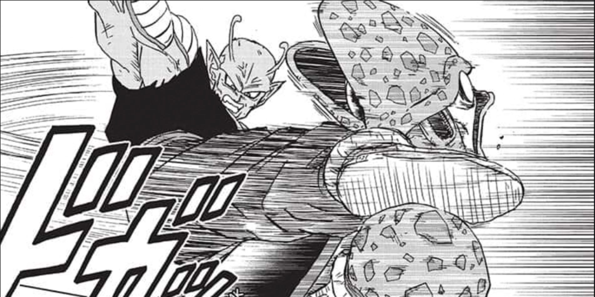 Orange Piccolo kicks Cell Max in the neck in Chapter 98 of Dragon Ball Super manga