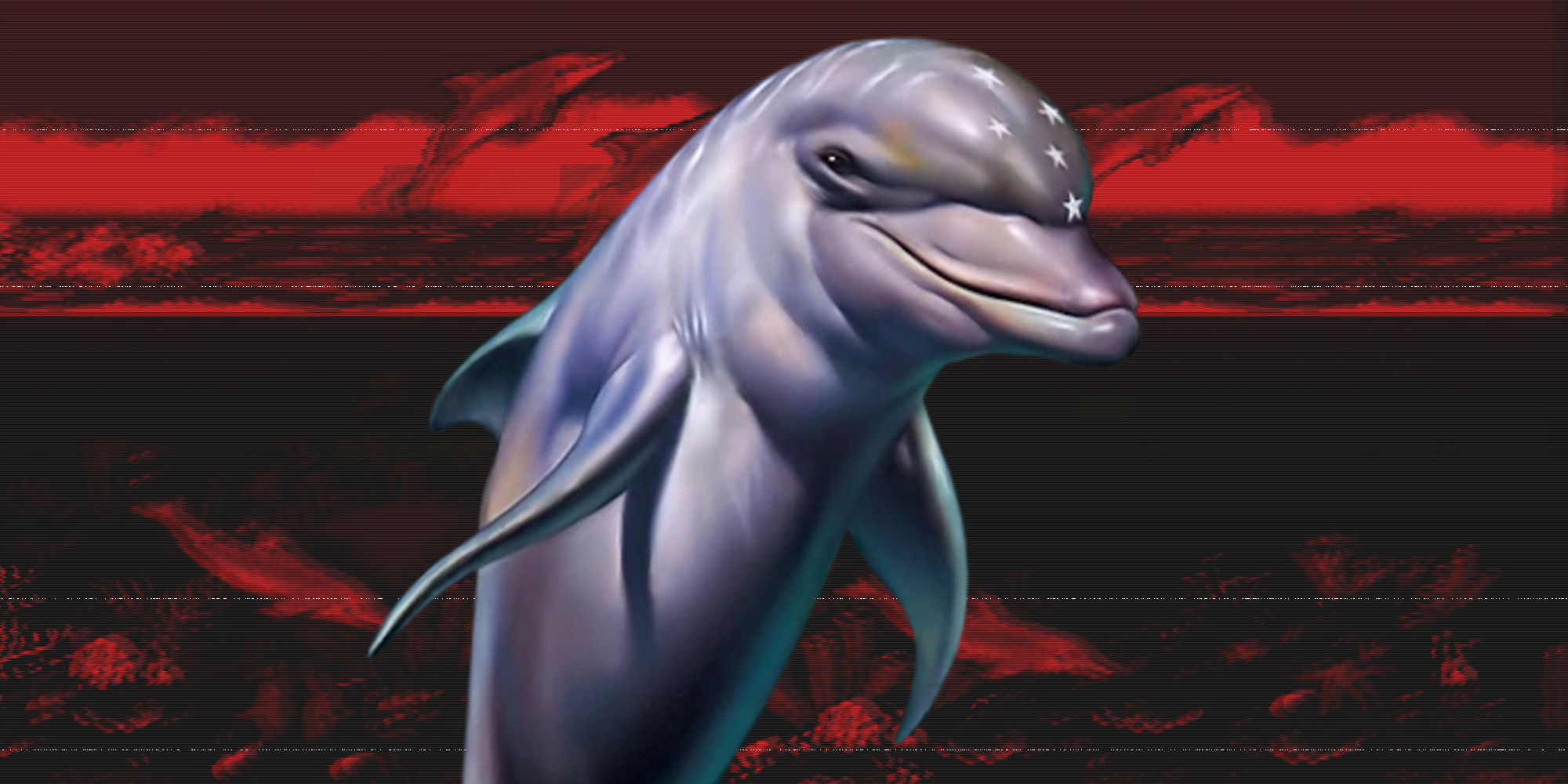 A red distorted background with Ecco The Dolphin over top