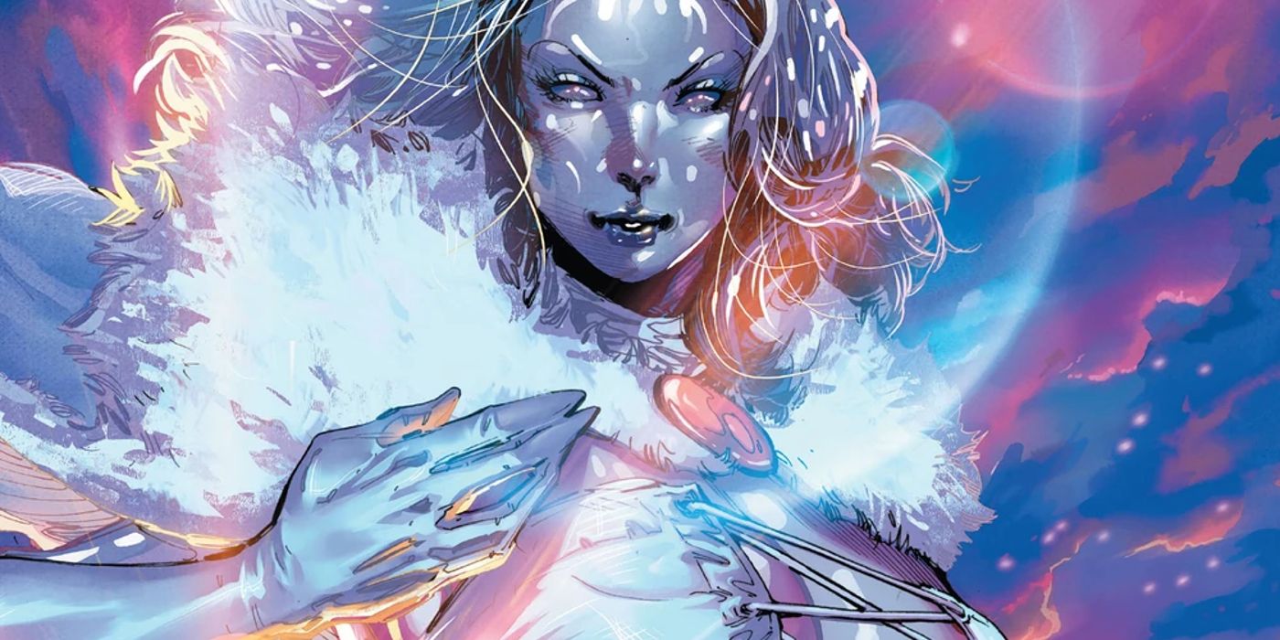 Emma Frost brilhando em sua forma de diamante com o céu atrás dela