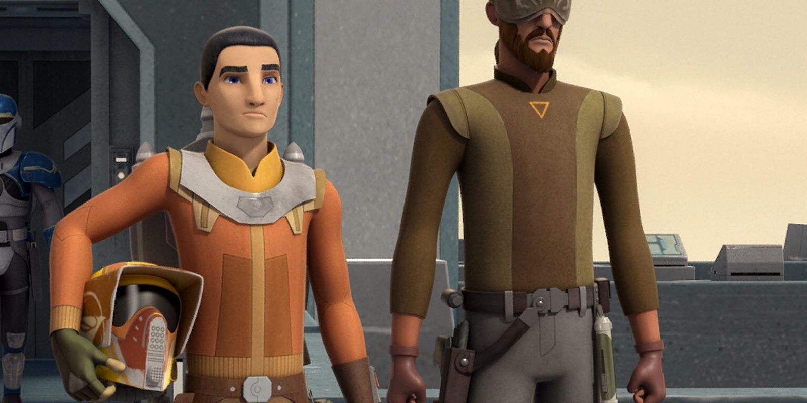 Ezra Bridger, com seu capacete de soldado escoteiro debaixo do braço, ao lado de Kanan Jarrus mascarado em Star Wars Rebels