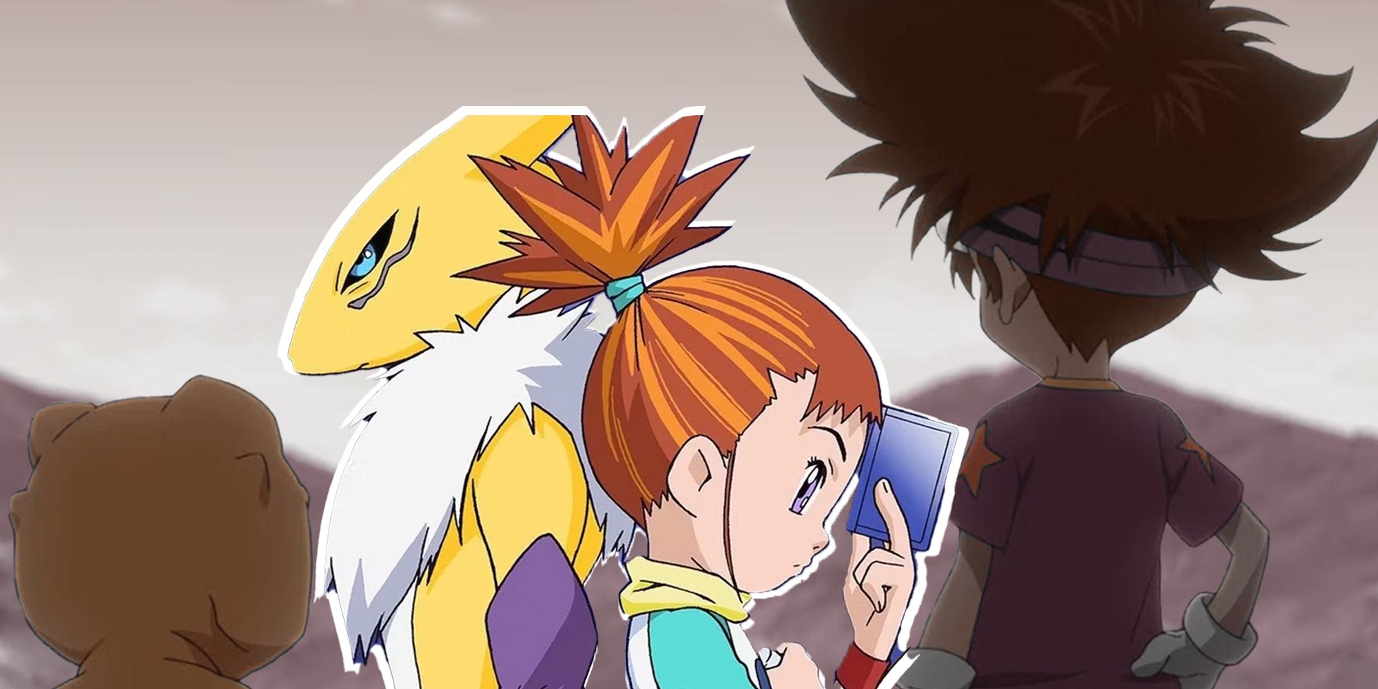 image of renamon and rika and taichi and agumon in the background