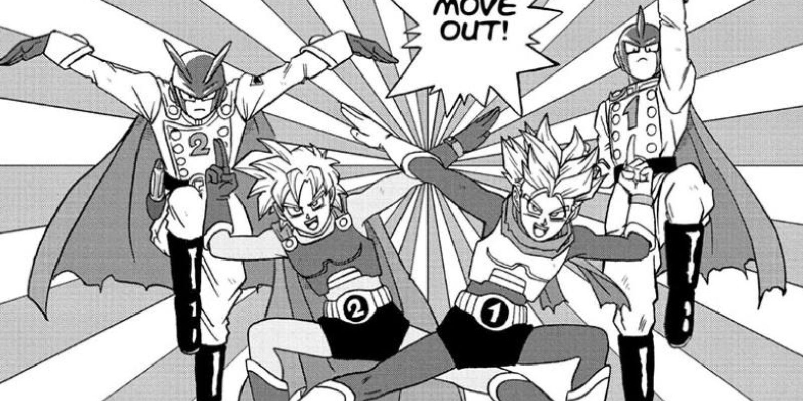Goten e Trunks como Grande Saiyamen posam com Androids Gamma 1 e 2 em Dragon Ball Super