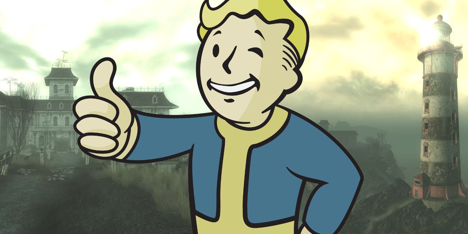 Vault Boy in front of locations from Fallout 3: Point Lookout