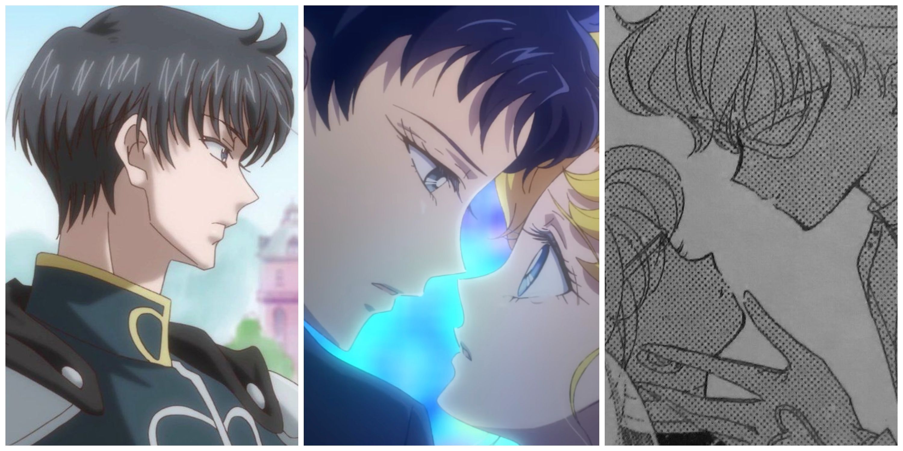 Split image, Endymion, Usagi and Seiya, and Sailor V and Adonis from Sailor Moon