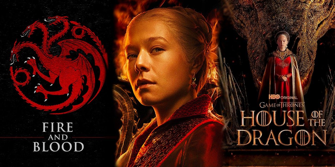 From left to right: the Fire & Blood book cover, featuring a three headed red dragon in a circle and the title, a close up shot of Emma D'Arcy as the adult Rhaenyra Targaryen with fire behind her, the title poster for House of the Dragon featuring Milly Alcock as young Rhaenyra Targaryen standing in front of her dragon with the title of the show