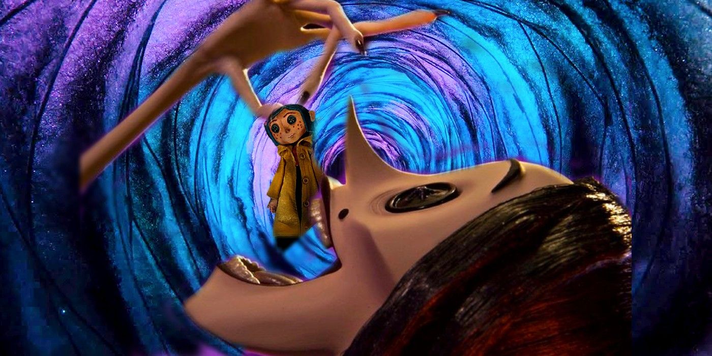 The Other Mother from Coraline eating the Coraline doll with a background of the tunnel to the other realm