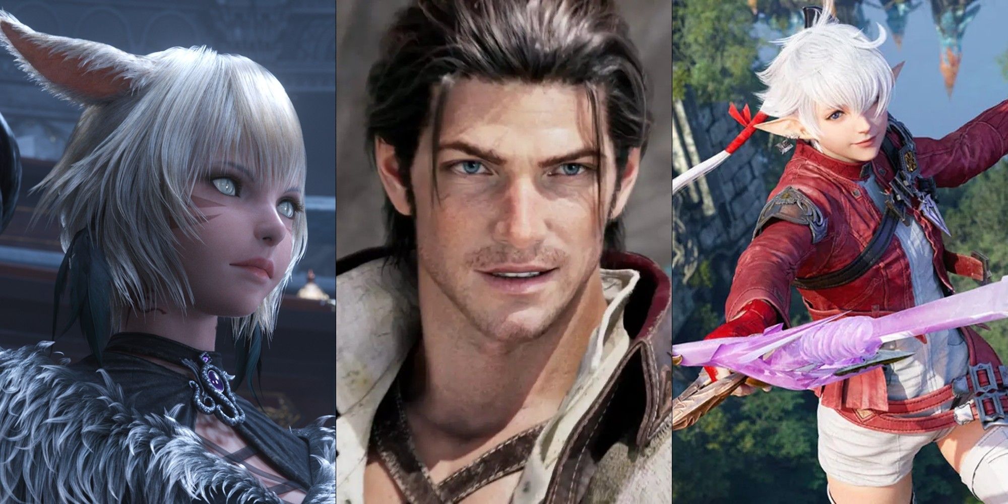 A split image featuring three characters from Final Fantasy XIV