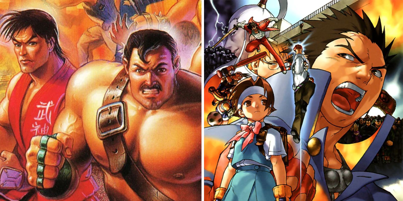 Split image with Guy and Mike Haggar on the cover of Final Fight-3 as well as art featuring characters from Rival Schools United by Fate including Street Fighter's Sakura and Batsu