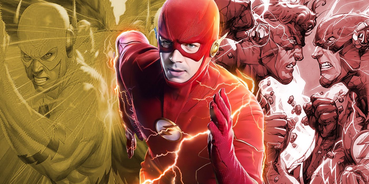split image: Grant Gustin Flash, Reverse-Flash running, Wally West vs Barry Allen