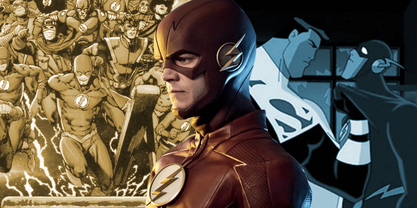 split image: Flash Family on Cosmic Treadmill, Grant Gustin Flash and Wally West vs Lord Superman