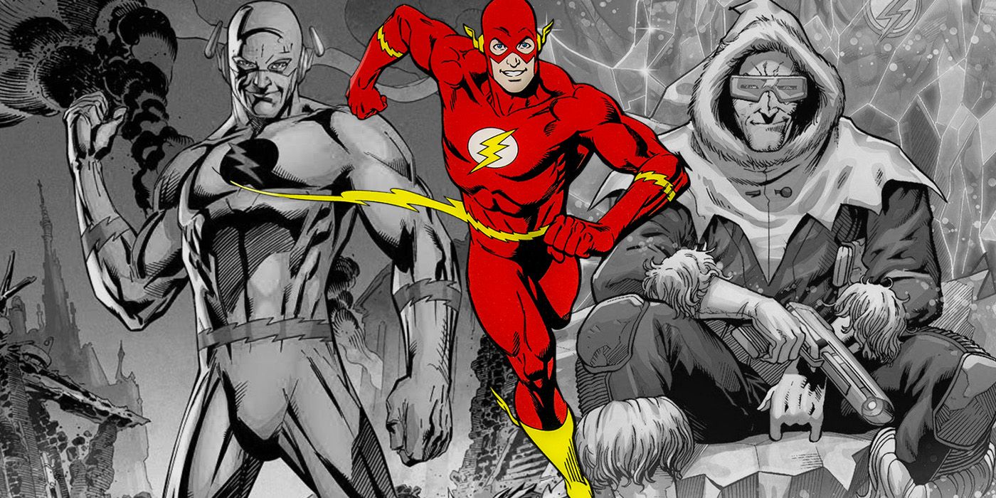 split image: Modern Reverse Flash and Captain Cold as Silver Age Flash runs