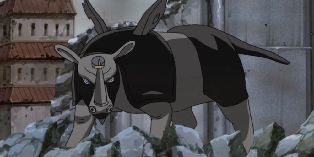 giant rhino in in the rubble of the Hidden Leaf Village In Naruto Shippuden