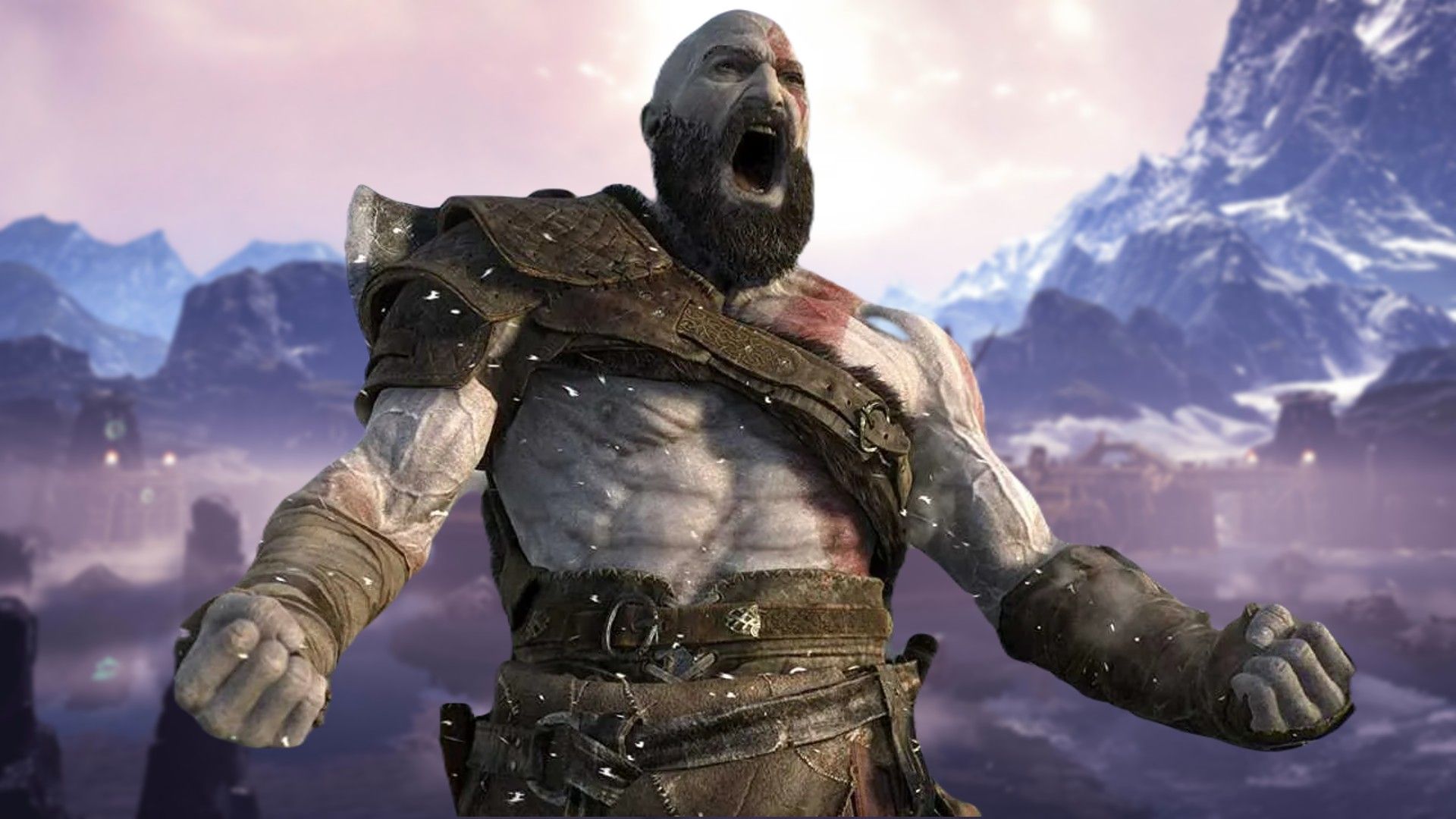 Kratos screaming over a slightly blurred Midgard background from God of War