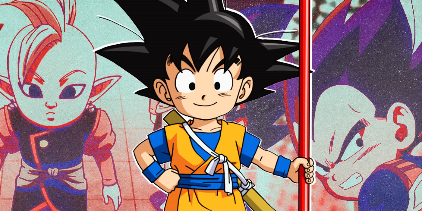 Kid Goku in Dragon Ball Daima with his Power Pole with Vegeta and Supreme Kai