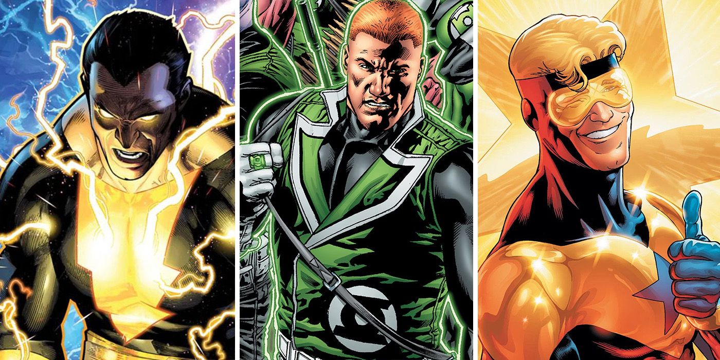 split image: Guy Gardner, Black Adam and Booster Gold from DC Comics