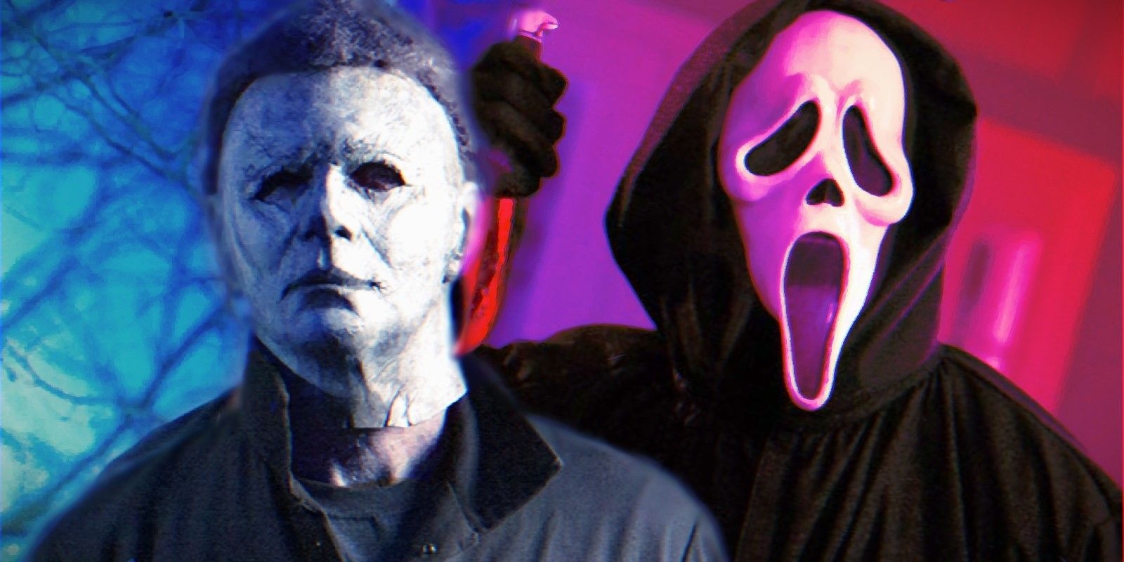 Halloween’s Michael Myers alongside Scream’s Ghostface in a red/blue split.