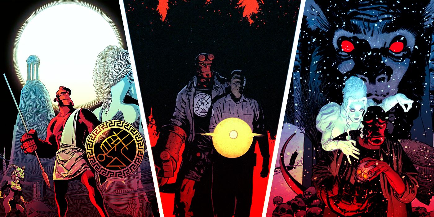 A split image of covers for Hellboy: Night of the Cyclops, Hellboy: Falling Sky, and Hellboy: Krampusnacht
