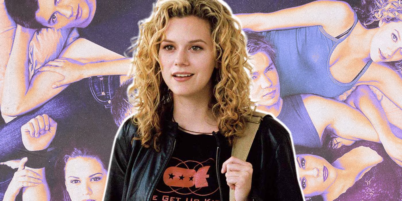 A cropped image of Hilarie Burton overlayed on a background of the One Tree Hill cast