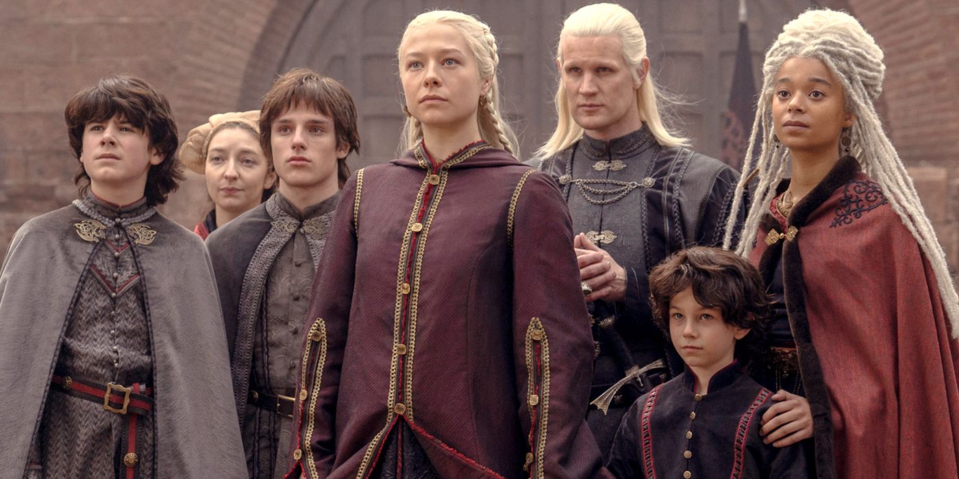 Rhaenyra and Daemon Targaryen and their children in House of the Dragon