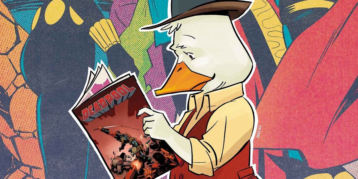 A collage of Howard the Duck reading a Deadpool Comic in front of Marvel Comics art