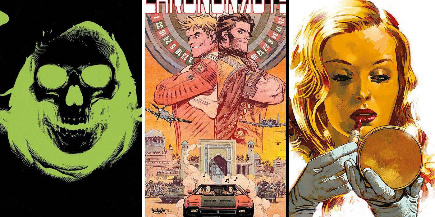 split image: Geiger, Fade Out and Chrononauts comic covers