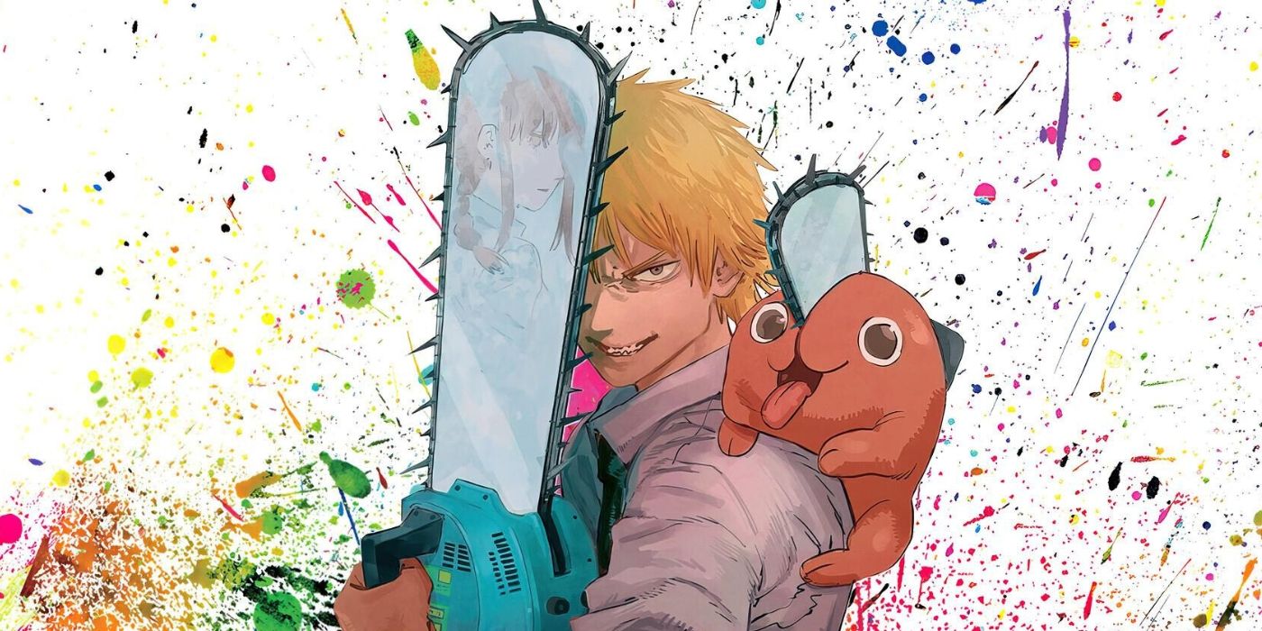 Official Chainsaw Man art featuring Denji with Pochita on his shoulder holding a chainsaw