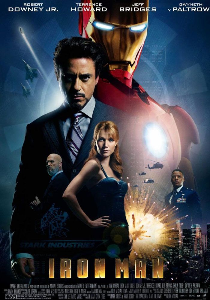 Iron Man 2008 movie poster with Iron Man looming behind Tony Stark