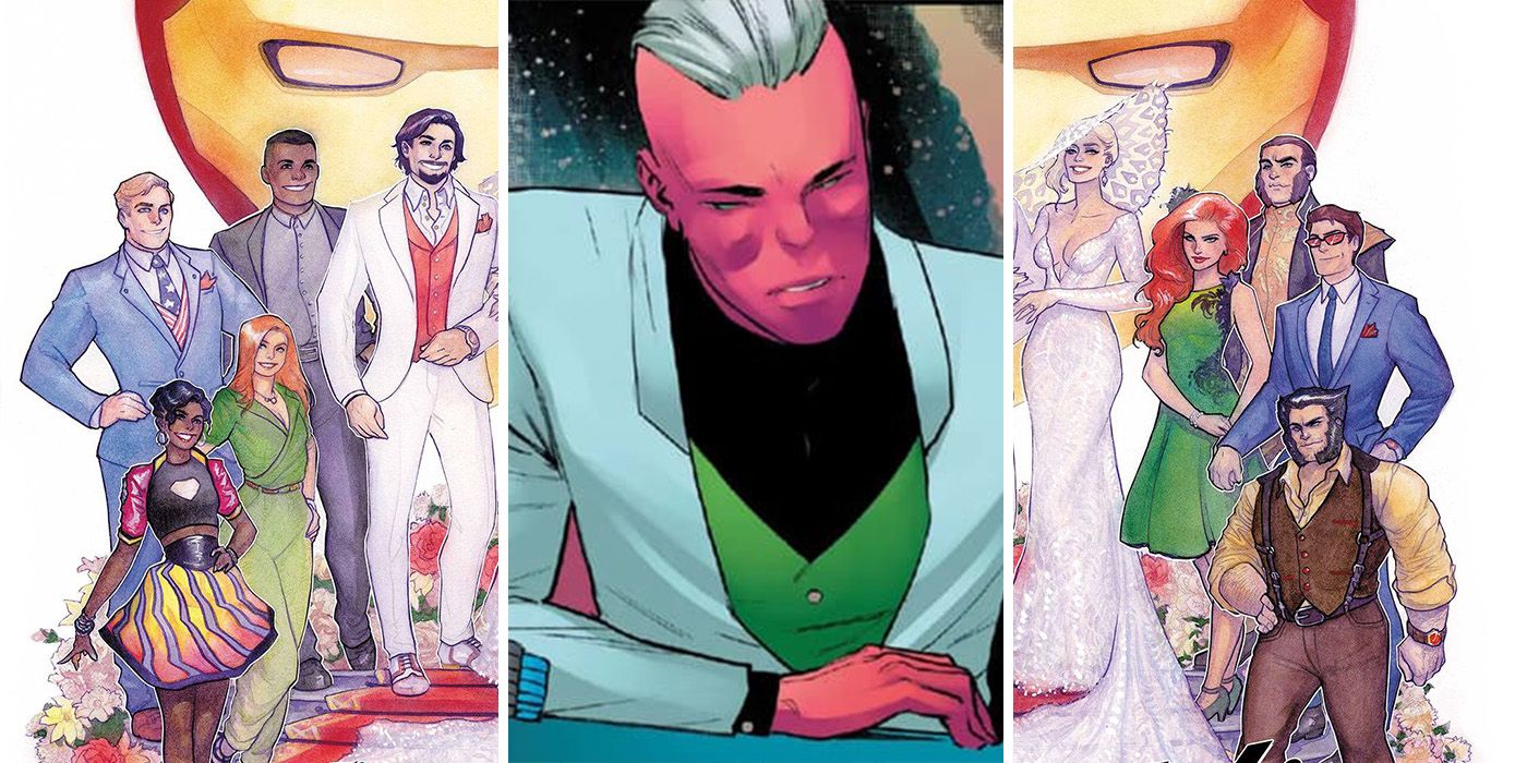 Iron Man and Emma Frost wedding with X-Men and Feilong in a white suit