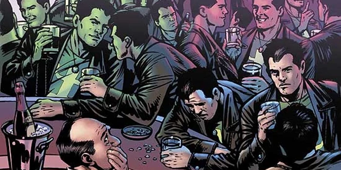 jamie madrox in a bar surrounded by various clones of of himself drinking and talking to each other