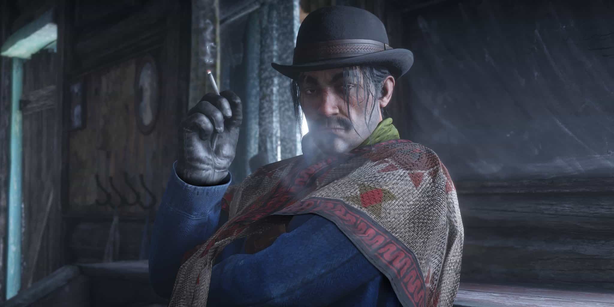 Javier from Red Dead Redemption 2 looking at the camera and smoking a cigarette