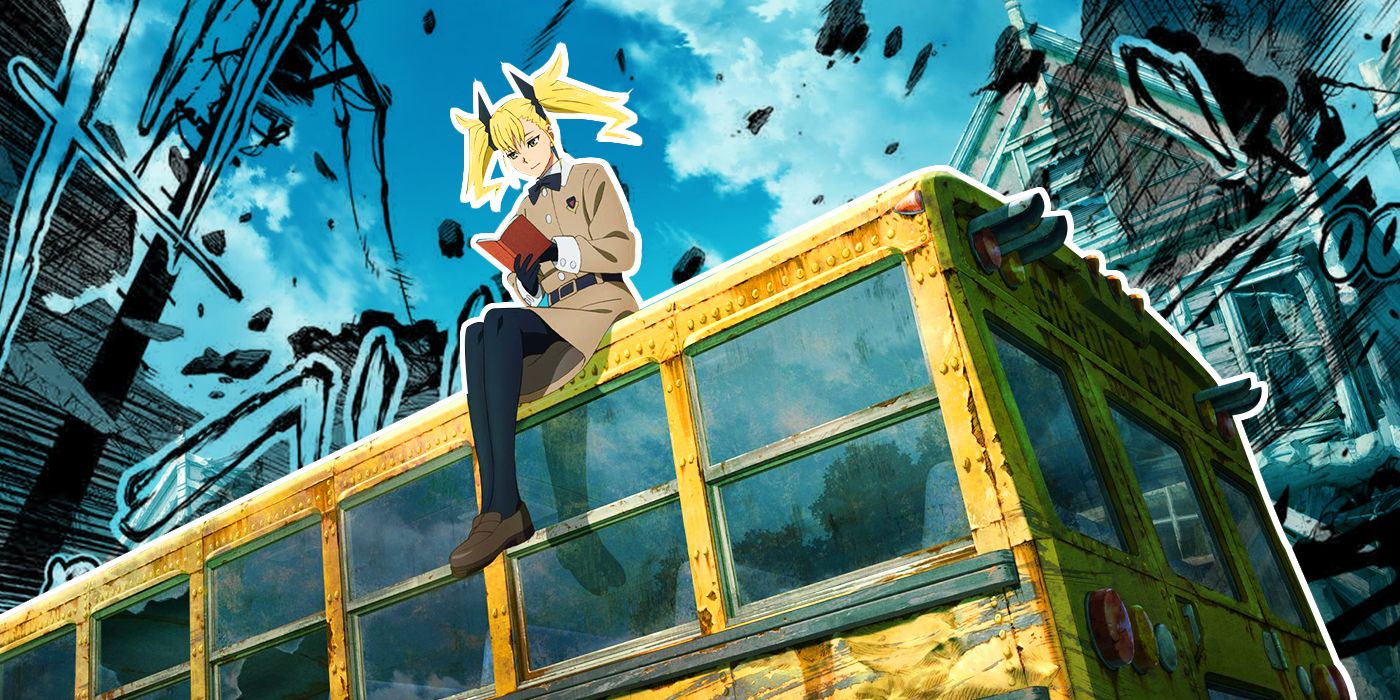 Kikoru Shinomiya in the Kaiju No. 8 anime sitting on top of a yellow bus.