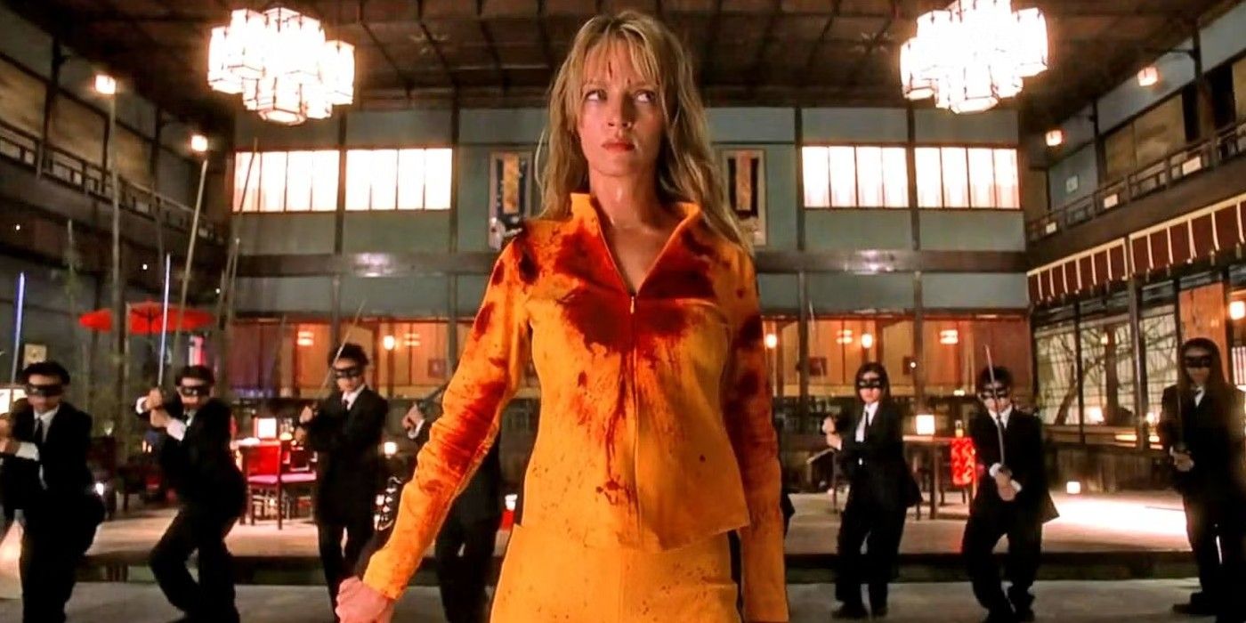 The Bride (Uma Thurman) standing in front of the Crazy 88 gang in Kill Bill.