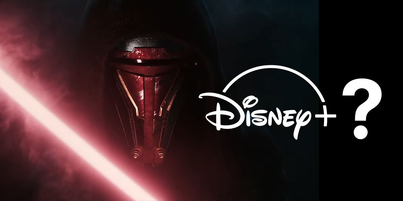 Revan from the JOTOR remake holding a red lightsaber with the Disney Plus logo and question mark