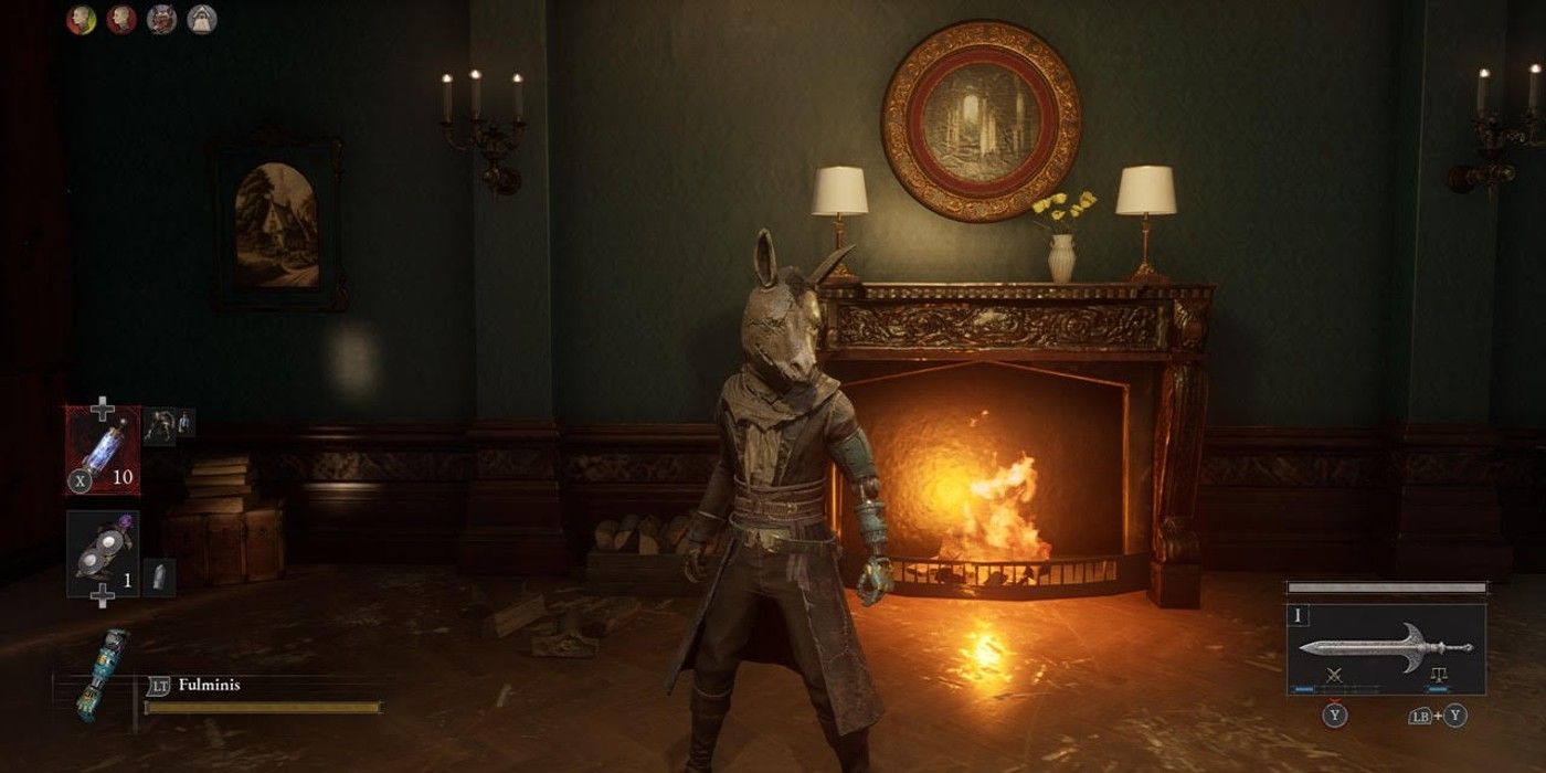 Lies of P P stands in front of a fireplace wearing the Atoned's Hunting Apparel