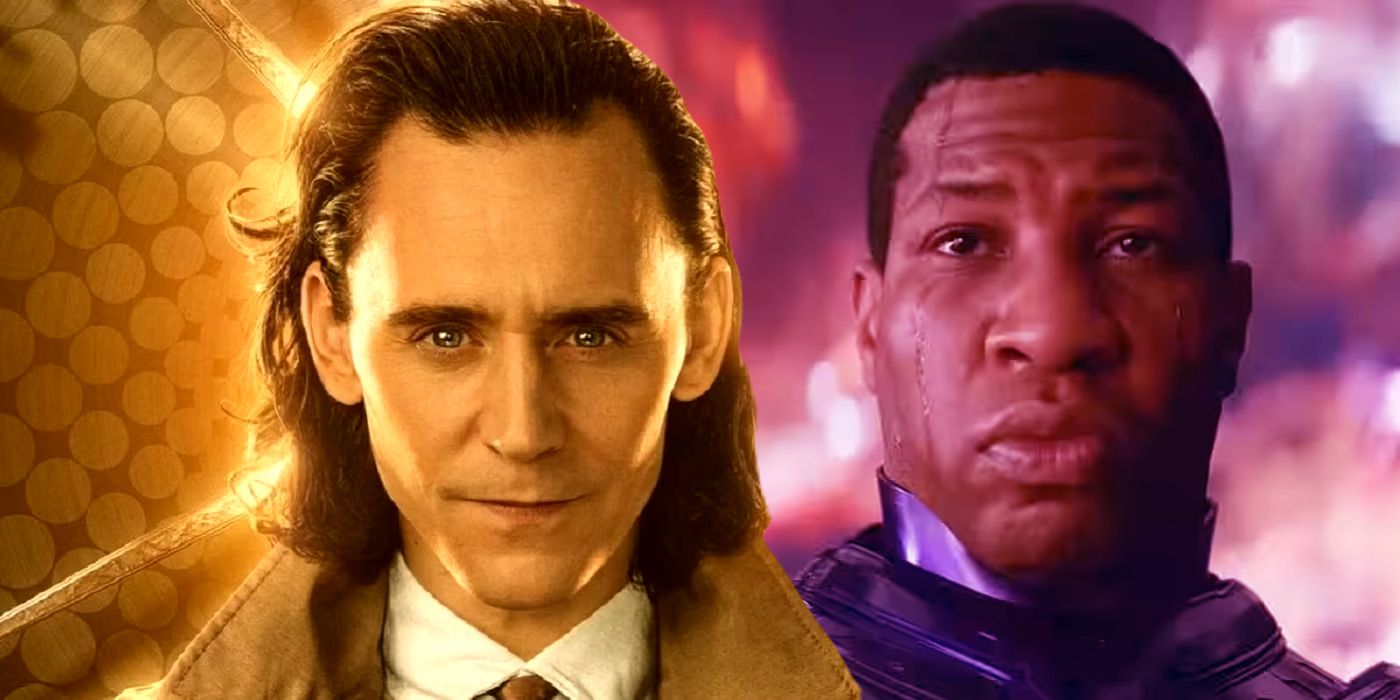 Divisão: Loki (Tom Hiddleston) no pôster da 2ª temporada de Loki;  Kang, o Conquistador (Jonathan Majors) em Homem-Formiga e a Vespa: Quantumania