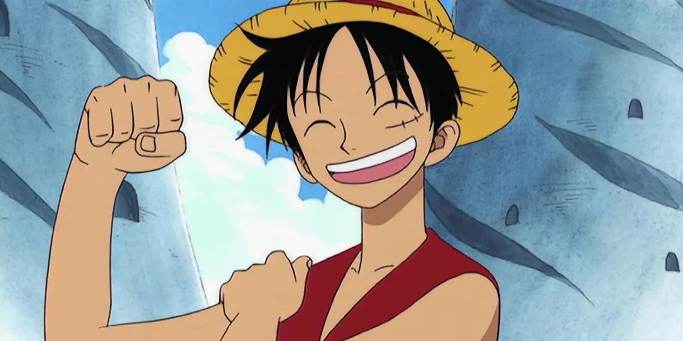 Monkey D. Luffy está flexionando o braço e sorrindo durante o Romance Dawn Arc of One Piece.