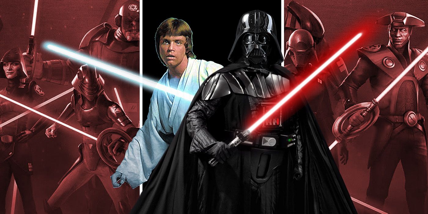 Luke Skywalker and Darth Vader hold lightsabers with Inquisitors in the background