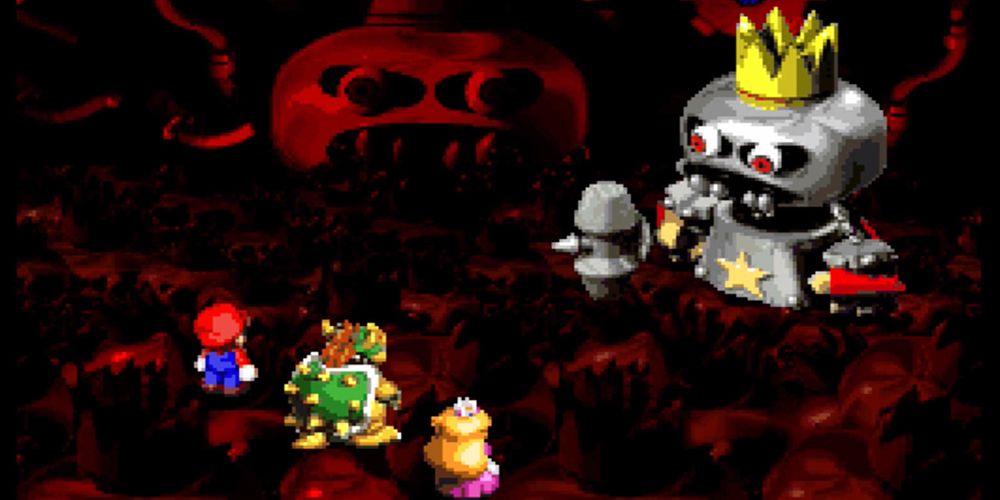 Mario Bowser e Peach lutam contra Smithy em Super Mario RPG Legend of the Seven Stars