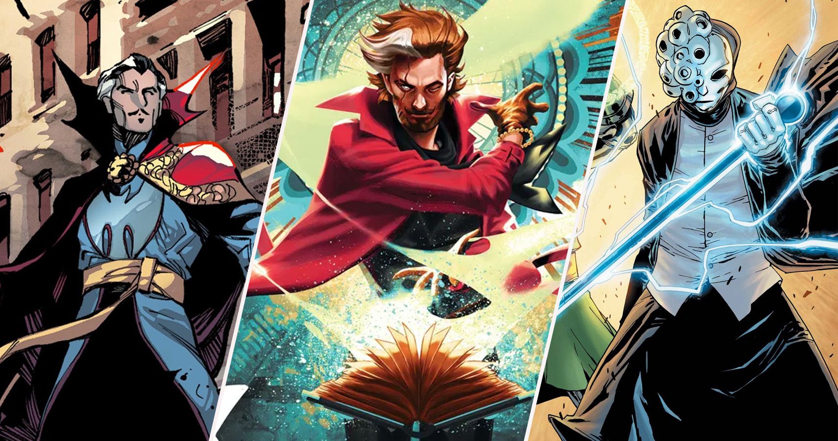 A split image of Doctor Strange, Wyn, and Cubisk Core from Marvel's comic series G.O.D.S.