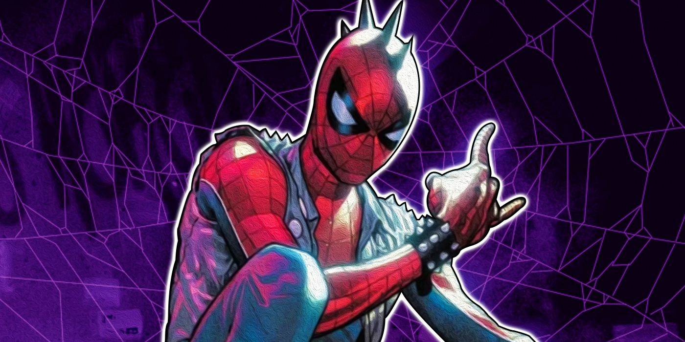 Marvel’s Spider-Punk in front of a dark purple web design background