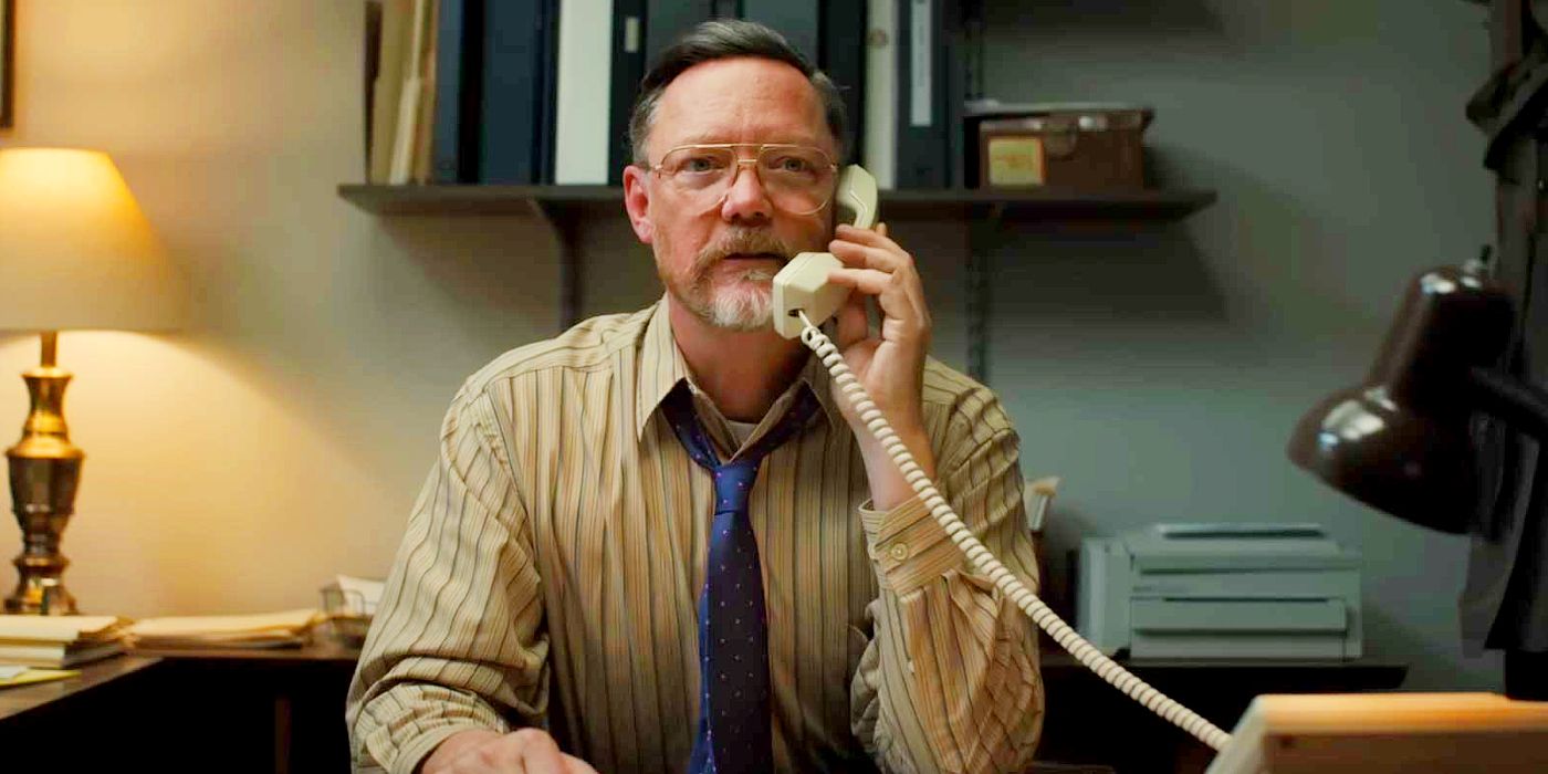 Matthew Lillard talking on the phone as Steve Raglan in Five Nights at Freddy's movie.