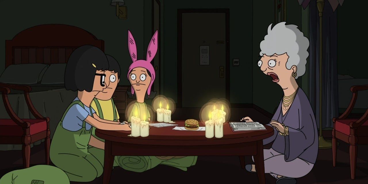  Tina, Louise, and Gene talk to an old woman in Bob's Burgers 