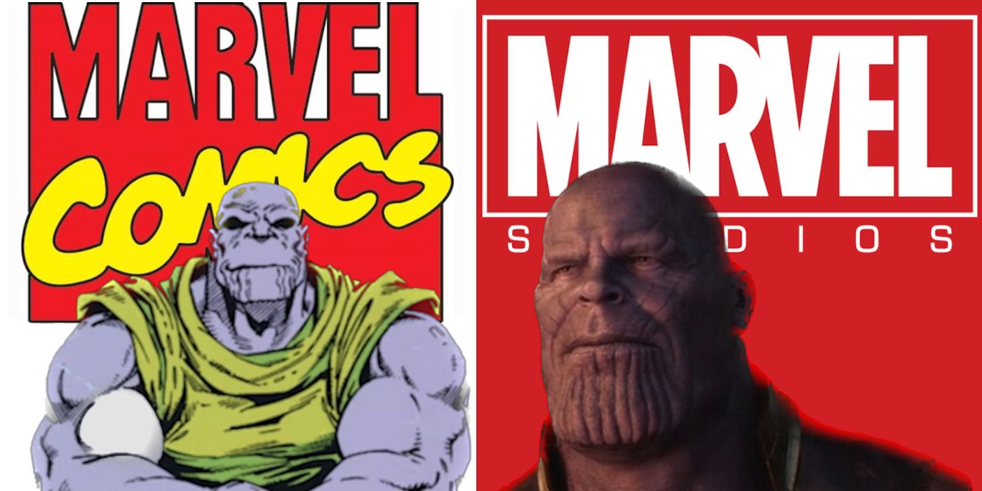 Seated Ron Lim-drawn Thanos under Marvel Comics logo next to Josh Brolin Thanos under the Marvel Studios logo.