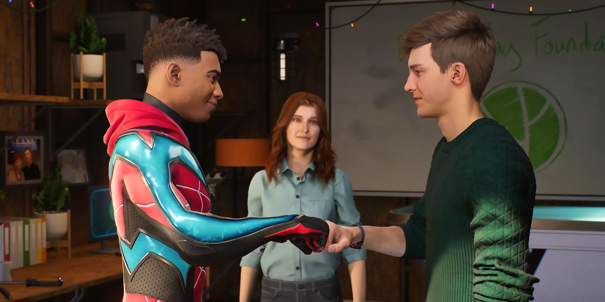 Miles and Peter fist bumping in Marvel's Spider-Man 2