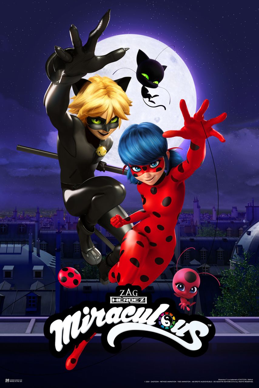 The Miraculous Ladybug TV show poster depicts Cat Noir and Ladybug leaping forward in front of a full moon.