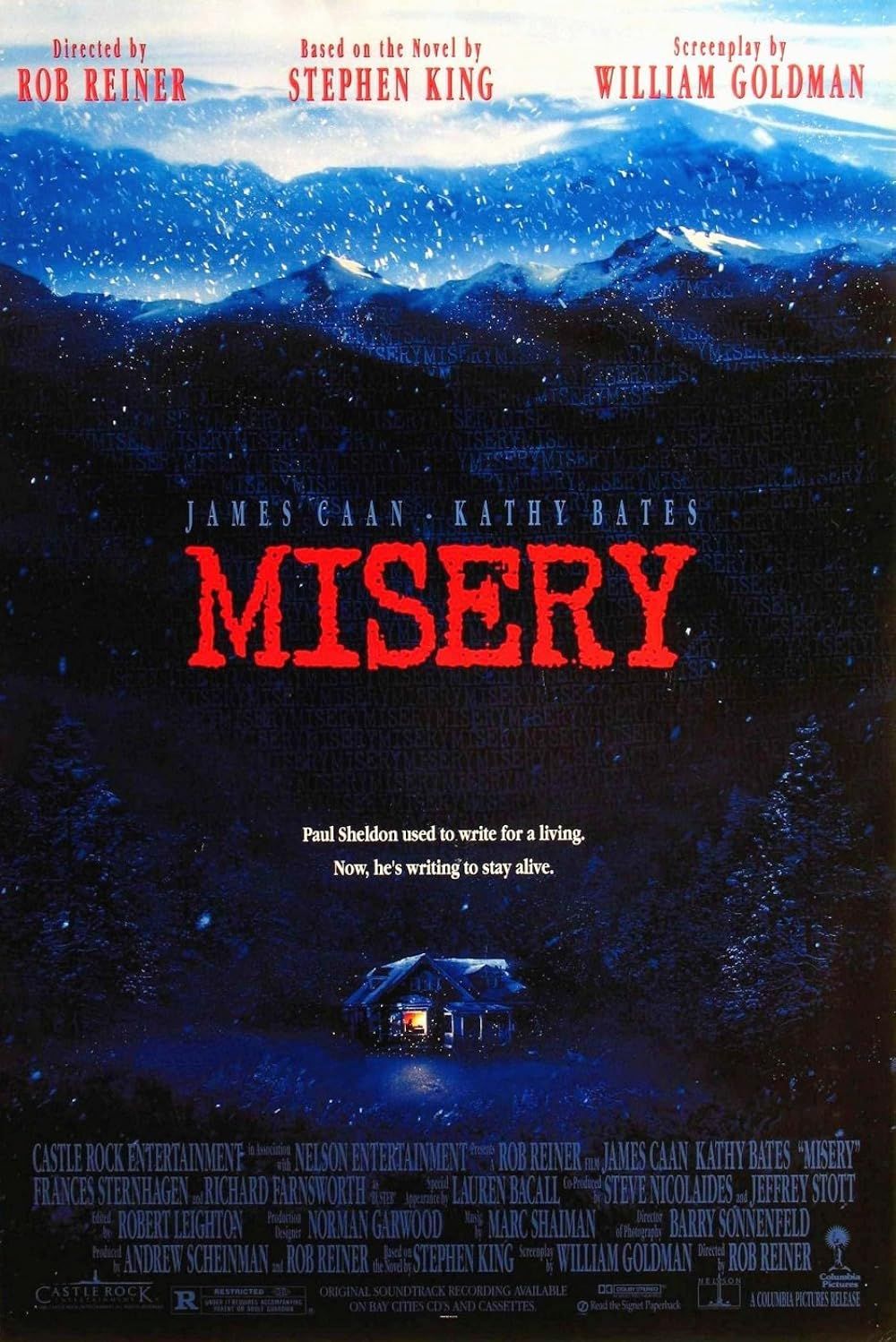 Misery movie poster a bouse in front of a snowy mountain at night