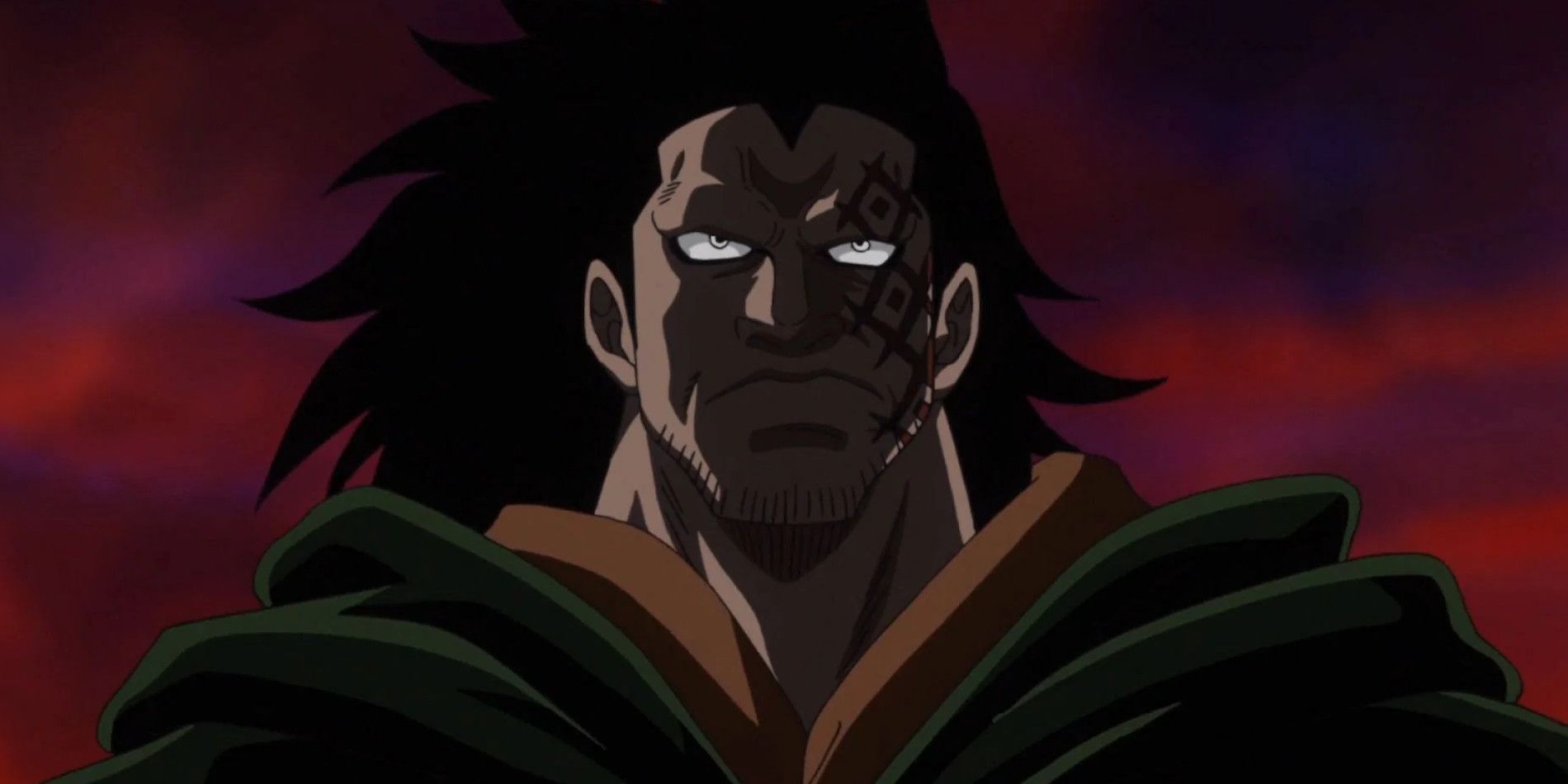 Monkey D Dragon in the One Piece anime series with his hair blowing in the wind.