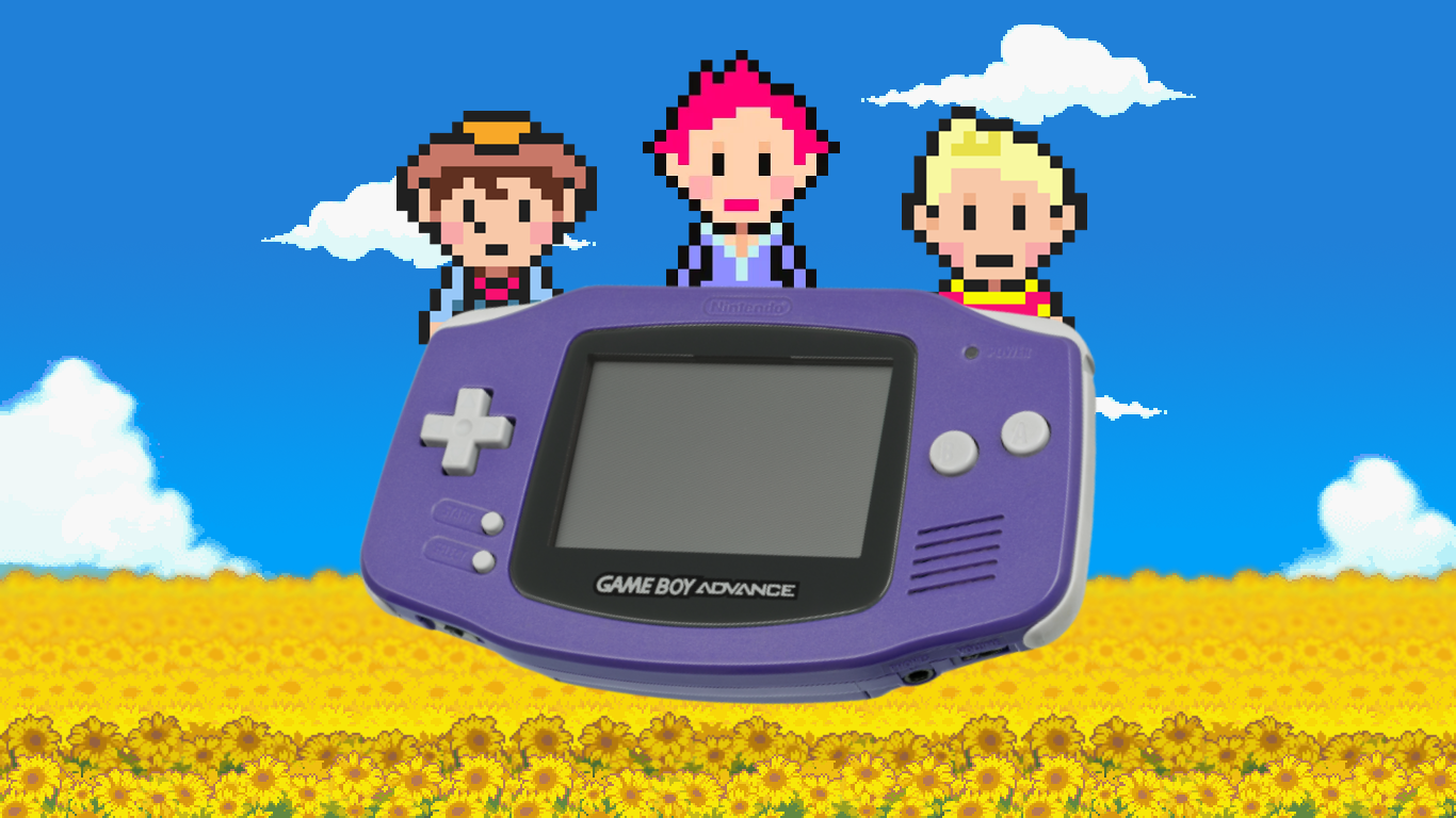 An image of a yellow field of flowers with Mother 3 characters behind a giant Game Boy Advance